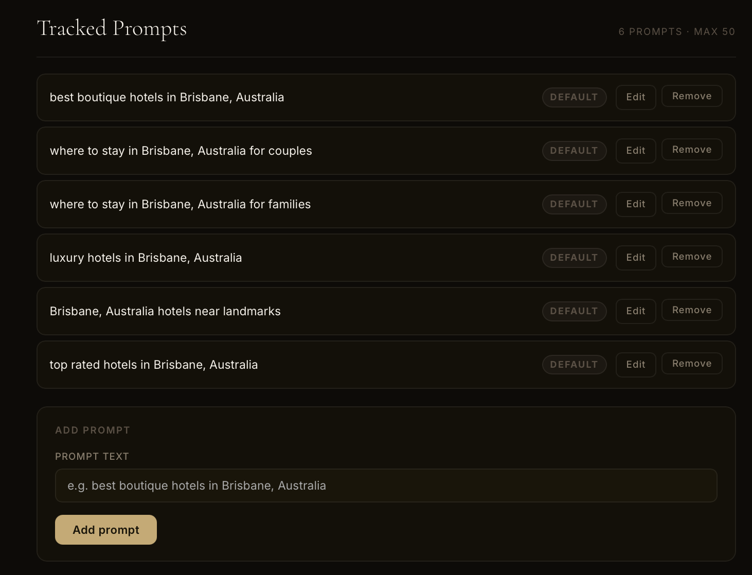 Tracked Prompts — 6 traveler search queries for Brisbane tracked across 4 AI engines